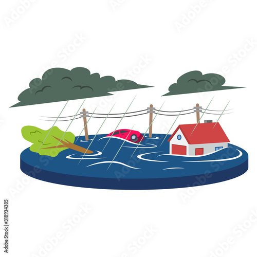 Flood cartoon vector illustration. Inundation, deluge. Flowing water. Flooded living area. Cataclysm. Heavy rain. Extreme weather conditions. Flat color natural disaster isolated on white background