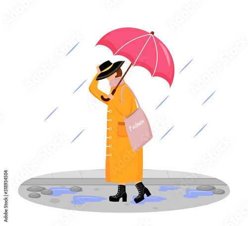 Woman in raincoat flat color vector faceless character. Walking caucasian lady in hat. Rainy day. Fashionable madam on heels. Female with umbrella isolated cartoon illustration on white background