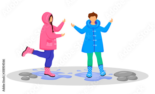 Children in raincoats flat color vector faceless character. Caucasian kids playing in puddles. Wet weather. Rainy day. Girl and boy in gumboots isolated cartoon illustration on white background