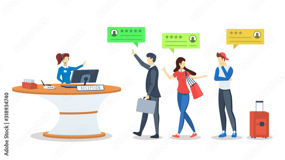 Hotel rating semi flat RGB color vector illustration. Customer, client feedback. Customers at reception desk. Quality assessment. Ranking. Review concept. Isolated cartoon character on white