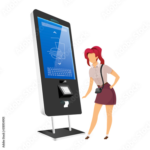 Woman with vending kiosk flat color vector faceless character. Self service food counter isolated cartoon illustration on white background. Restaurant payment board with interactive screen