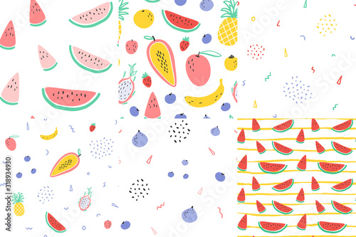 Vector tropical fruit background with durian, pineapple, mango, watermelon, dragon fruit, Pitaya, banana, papaya. Summer exotic fruit seamless pattern set collection. Quilting fabric illustration