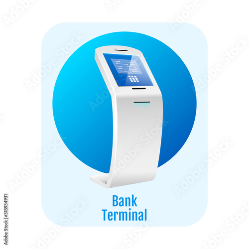 Bank terminal flat concept icon. Financial self service kiosk sticker, clipart. Digital equipment with touch screen interface. Online banking software isolated cartoon illustration on white background