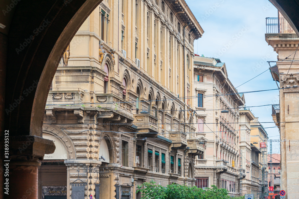 BOLOGNA, ITALY - May 27, 2018: Antique building view in Old Town Bologna, Italy BOLOGNA, ITALY - May 27, 2018: Antique building view in Old Town Bologna, Italy