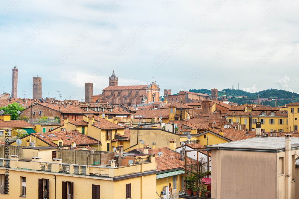 BOLOGNA, ITALY - May 27, 2018: Antique building view in Old Town Bologna, Italy