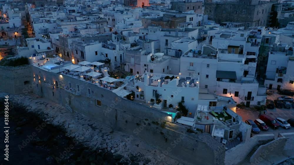 Aerial view, flight at the old town of Monopoli, at dusk, Puglia, Italy, Aerial view, flight at the old town of Monopoli, at dusk, Puglia, Italy,