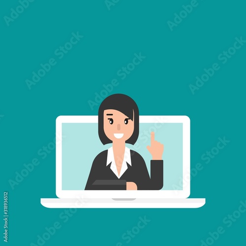 Woman attorney on computer screen. flat vector illustration on blue background.