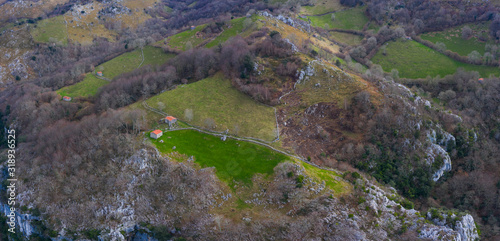 Geological landscape in Irias, Aerial view of the Miera River Valley, Landscape in winter, Valleys Pasiegos, Cantabria, Spain, Europe