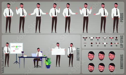 Businessman or office worker character Set. Collection of character body Poses, facial gestures, Business activities and Lip syncs poses. Ready-to-use and animate, character set. Vector illustration.