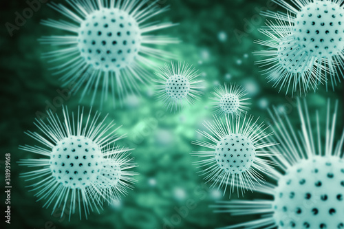 3d illustration viral infection causing chronic disease. Corona virus,hepatitis viruses, influenza virus H1N1, Flu, cell infect organism, aids. Virus abstract background.