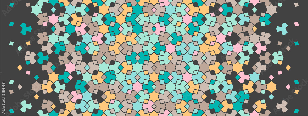 Fototapeta premium Arabic pattern, islamic vector border. Geometric halftone texture, arabic pattern with color tile disintegration.