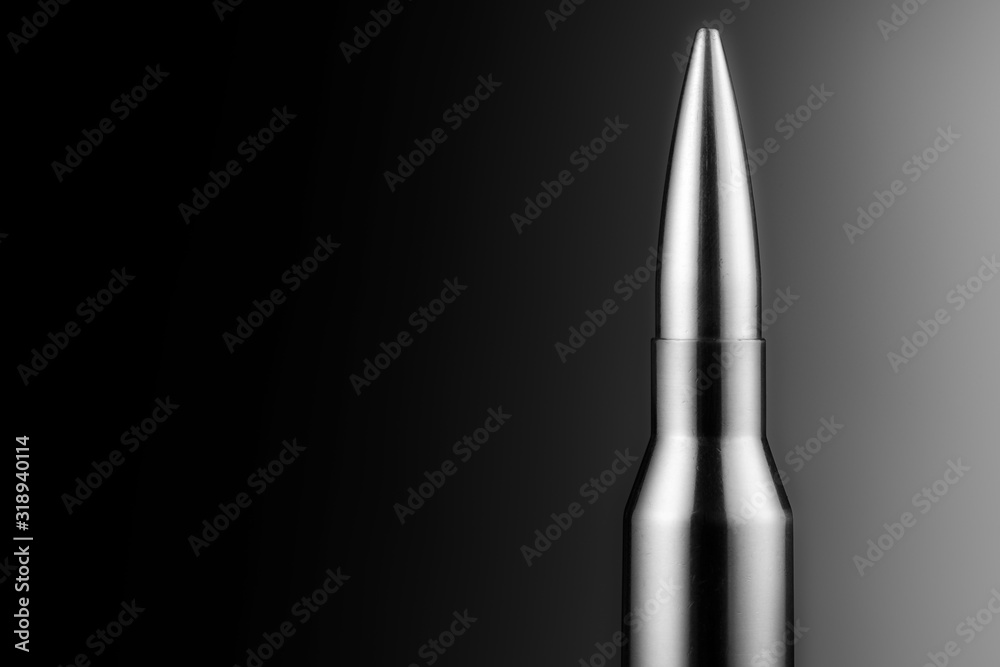 A 338 Lapua Magnum rifle cartridge in front of a gray gradient as a close-up. Brass and copper stand against the background like a monumental building A 338 Lapua Magnum rifle cartridge in front of a gray gradient as a close-up. Brass and copper stand against the background like a monumental building