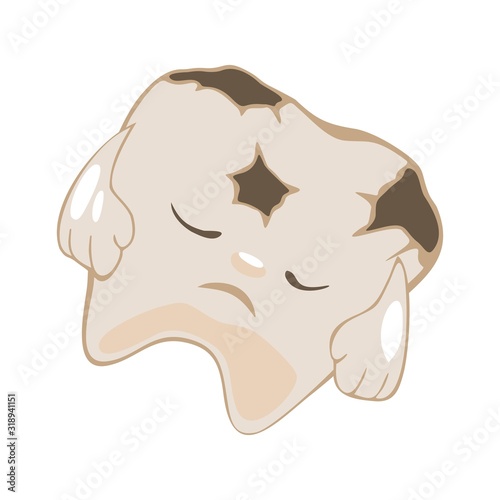 Sad darkened tooth stained with caries, decay, cavity humbly awaiting its fate. Treatment, removal, whitening, restoration of tooth. Dental filling placement. Vector cartoon isolated illustration.