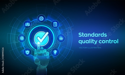 ISO standards quality control assurance warranty business technology concept. ISO standardization certification industry service concept. Robotic hand touching digital interface. Vector illustration.