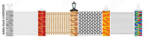 Brick fence posts vector isolated. Brick vector pillars of different colors with variuos top head design. Chain-link fencing, wooden fence, wrought iron and solid white vynil panel. Black garden lamp.