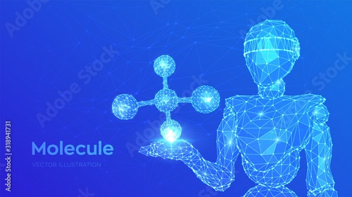 Molecule Structure. Low poly abstract Molecule. Dna, atom, neurons. Molecules and chemical formulas. Abstract 3d low polygonal robot holding Molecule. Vector illustration.