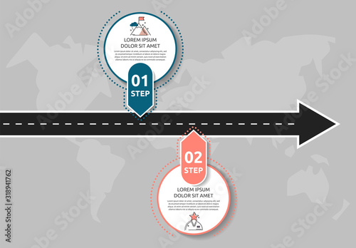 Modern road infographic template with circles. Business concept with 2 options and arrows. Two steps for content, flowchart, timeline, levels, marketing, presentation