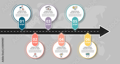 Modern road infographic template with circles. Business concept with 6 options and arrows. Six steps for brochure, diagram, timeline, levels, timeline, web design