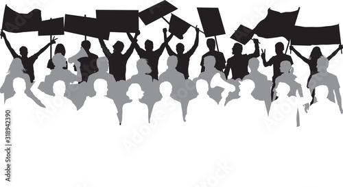 Crowd of protesters with banners demonstration people vector silhouette 
