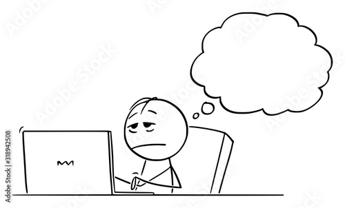 Vector cartoon stick figure drawing conceptual illustration of tired, stressed or sleepy overworked man or businessman working on computer and thinking about something.