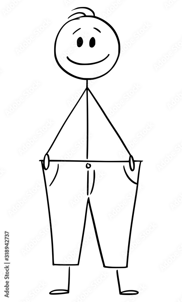 Vector cartoon stick figure drawing conceptual illustration of Slim, thin  or skinny man in big trousers. Concept oh healthy lifestyle, diet and  losing weight. Stock Vector | Adobe Stock