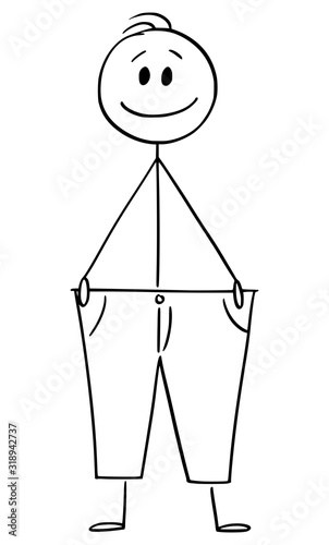 Vector cartoon stick figure drawing conceptual illustration of Slim, thin or skinny man in big trousers. Concept oh healthy lifestyle, diet and losing weight.
