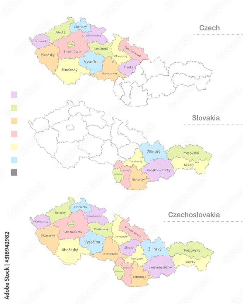 Map of Czechoslovakia divided to administrative divisions, Czech and Slovakia state vector