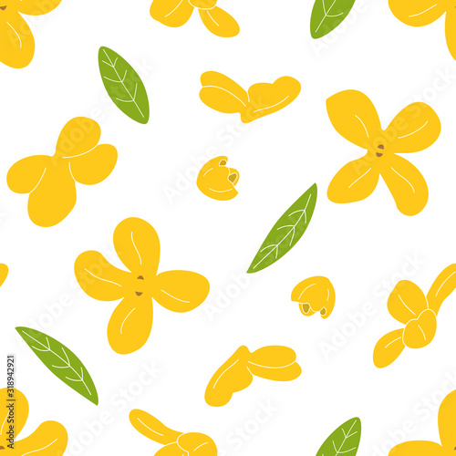 Doodle floral pattern background with fragrant tea olive, sweet osmanthus or osmanthus fragrans and evergreen foliage. Cartoon hand drawn flowers background. Great for wallpaper, textile, fabric, card