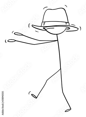 Vector cartoon stick figure drawing conceptual illustration of man or businessman walking blind because of hat too big for him covering him eyes.