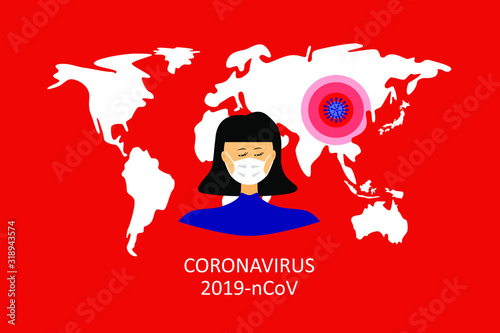 Chinese Wuhan Novel coronavirus (2019-nCoV), Chinese woman in medical face mask. Coronavirus quarantine and epidemic concept. Vector illustration.