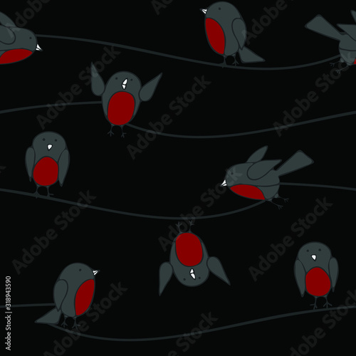 Seamless vector pattern with cartoon like birds on line. Dark wallpaper design with tits. Funny kids fabric design.