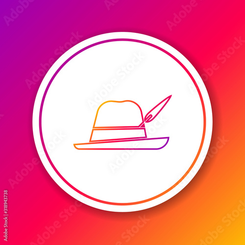 Color line Oktoberfest hat icon isolated on color background. Hunter hat with feather. German hat. Circle white button. Vector Illustration