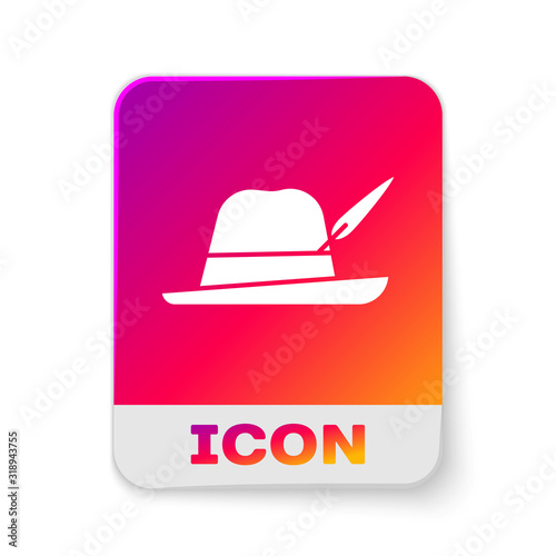 White Oktoberfest hat icon isolated on white background. Hunter hat with feather. German hat. Rectangle color button. Vector Illustration