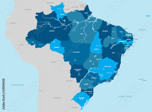 Brazil political map. Vector illustration with isolated - separated provinces, departments and cities.