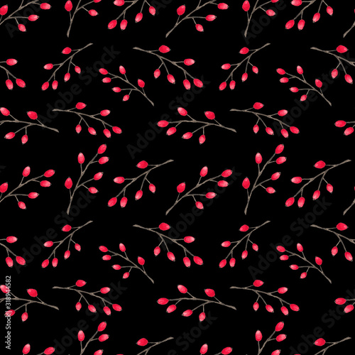Watercolor seamless pattern with branch of briar, red berries. Hand painted cankerberry. Illustration for design, fabric, print or background