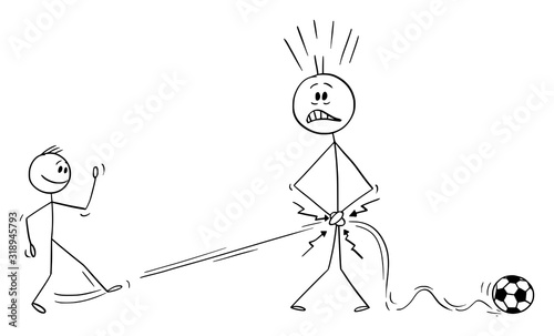 Vector cartoon stick figure drawing conceptual illustration of father or man plying football or soccer with son and being hit by ball in crotch. Parenthood troubles.
