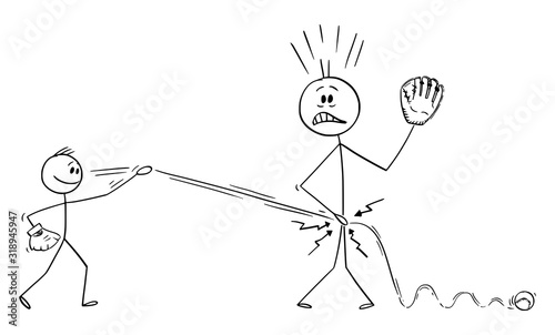 Vector cartoon stick figure drawing conceptual illustration of father or man plying baseball with son and being hit by ball in crotch. Parenthood troubles.