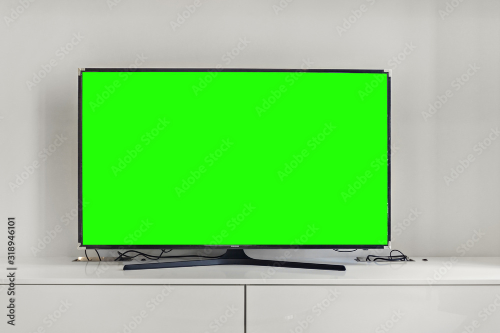 green screen on smart 4k TV, FHD Digital Television on white wall
