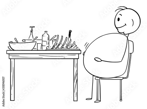 Vector cartoon stick figure drawing conceptual illustration of fat or obese or overweight man sitting satisfied behind table after dinner.Healthy lifestyle concept.