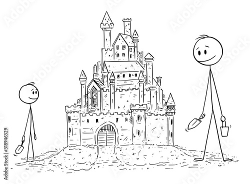 Vector cartoon stick figure drawing conceptual illustration of father building sand castle with son. Parenthood and Childhood.