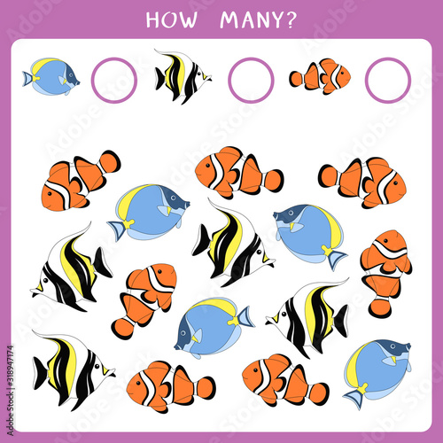 Educational math game for kids. Count how many fishes and write the result