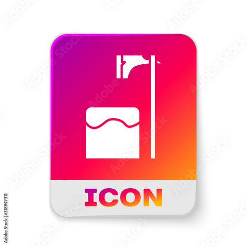 White Executioner axe in tree block icon isolated on white background. Hangman, torturer, executor, tormentor, butcher, headsman. Rectangle color button. Vector Illustration