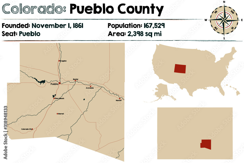 Large and detailed map of Pueblo county in Colorado, USA.