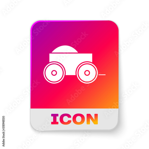 White Wooden four-wheel cart with hay icon isolated on white background. Rectangle color button. Vector Illustration