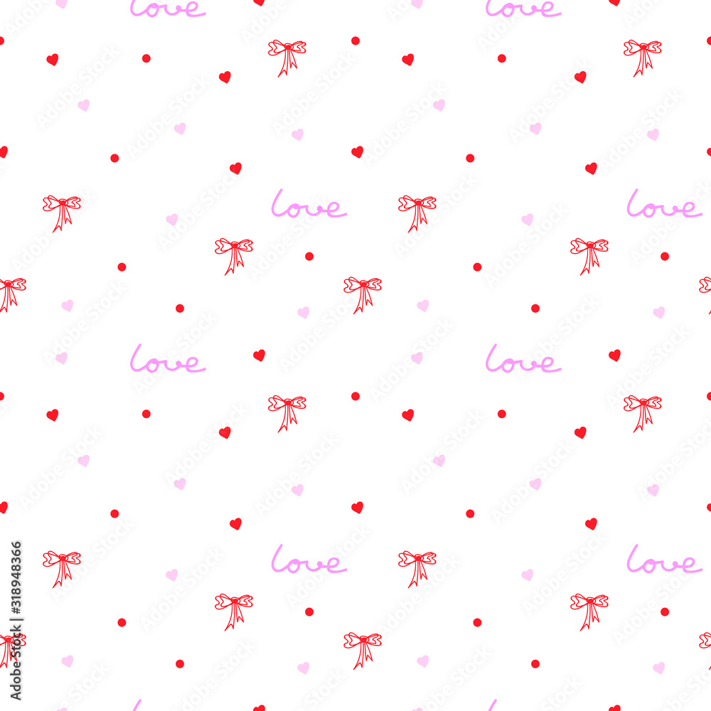 Valentines day seamless pattern vector. Love romantic background with hearts and bows for wrapping, fabric, textile, wallpaper