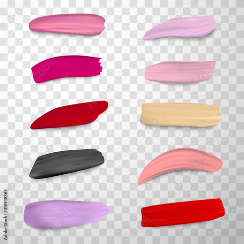 Lipstick smears, lipgloss strokes vector realistic illustrations set