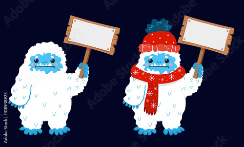 Cute snow yeti with blank sign placard hold in hand vector image. Isolated on dark background. With winter clothes