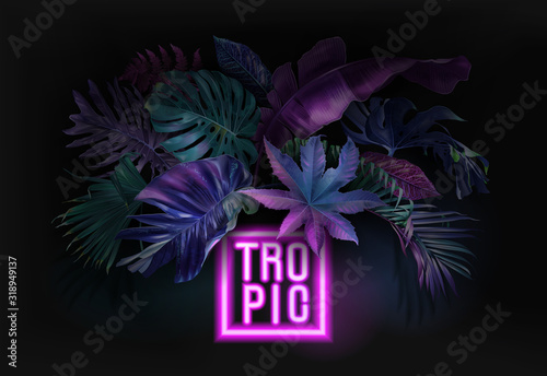 Vector neon banner with tropical leaves on black