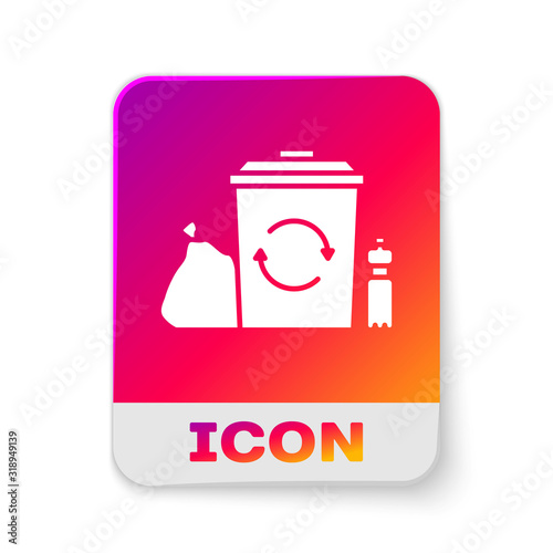 White Recycle bin with recycle symbol icon isolated on white background. Trash can icon. Garbage bin sign. Recycle basket. Rectangle color button. Vector Illustration
