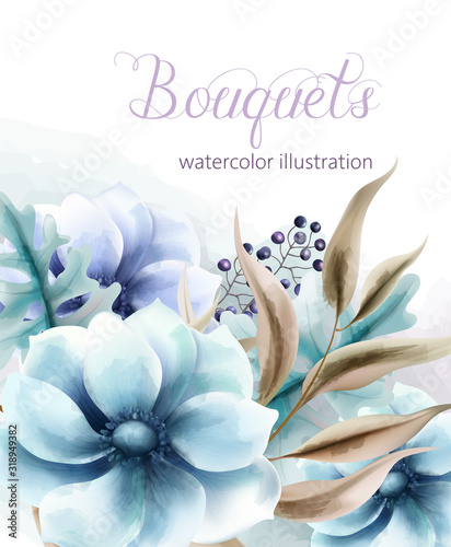 Bouquet of watercolor blue flowers with brown leaves and berries
